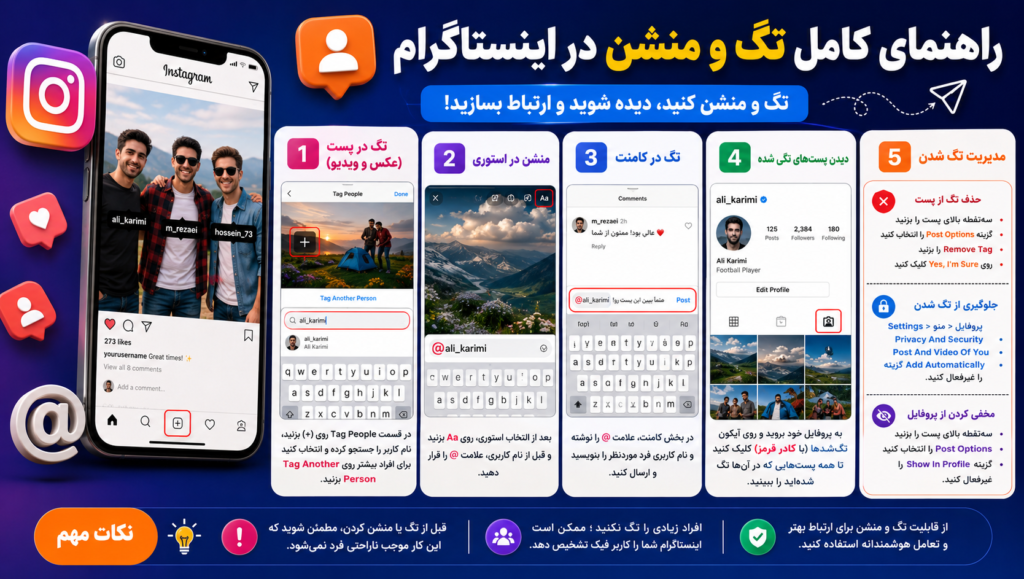 آموزش تصویری تگ کردن در پست،استوری و کامنت اینستاگرام راهنمای کامل تگ اینستاگرام
