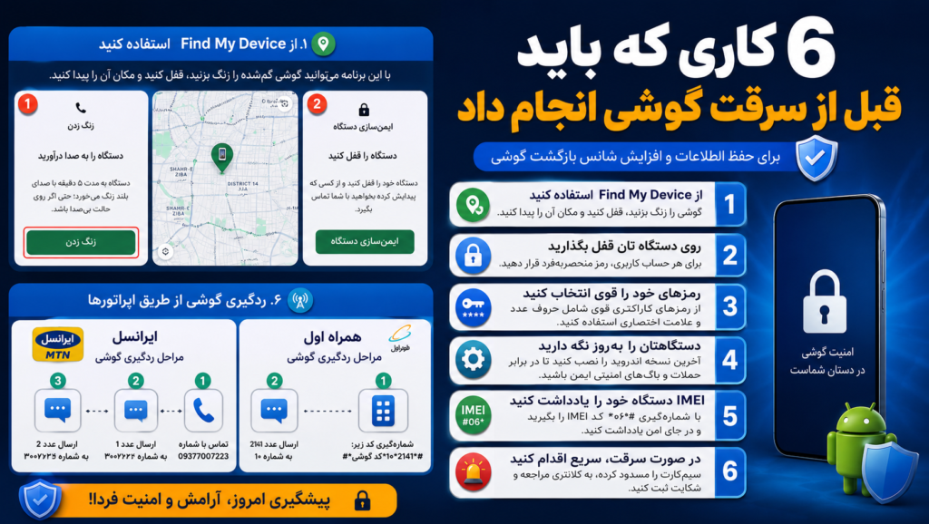 6 کاری که باید قبل از سرقت گوشی انجام داد 6 کاری که باید قبل از سرقت گوشی انجام داد