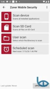 صفحه آنتی ویروس Zoner Mobile Security