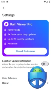 صفحه تنظیمات RainViewer