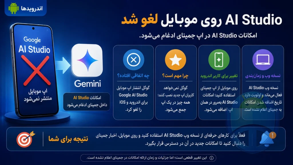 لغو اپ موبایل Google AI Studio و ادغام در جمینای